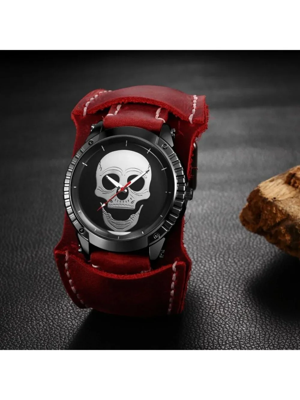 Men's Red Analog Quartz Steampunk Leather Gothic Skull Wide Cuff Wrist Watch